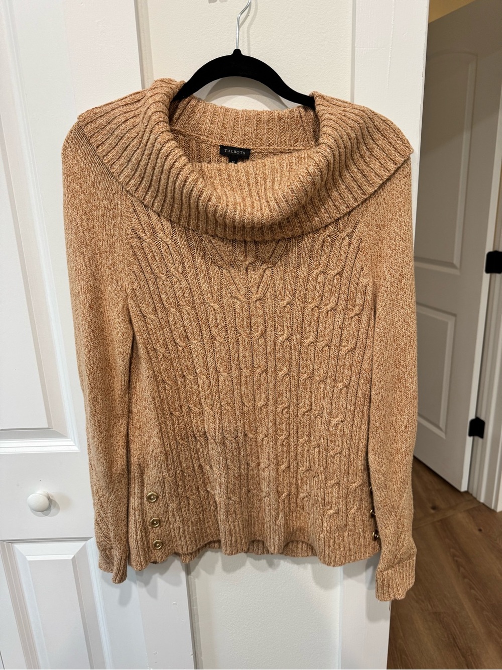 Talbots Camel Cable-Knit Cowl Neck Sweater with Button Hem
